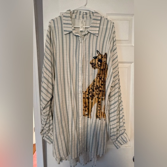 Anthropologie Tops - Anthropologie LouLou Avenue Blue and White Striped Shirt with Leopard -XL